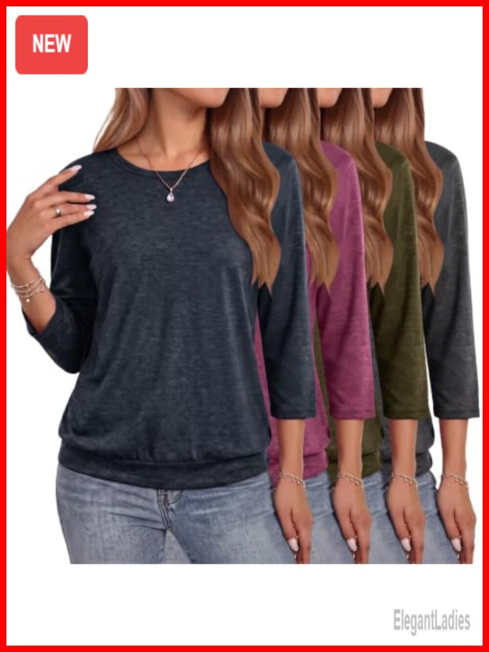 Womens Crew Neck 3/4 Sleeve Bell Ruffle Tunic Top Casual Work Blouse